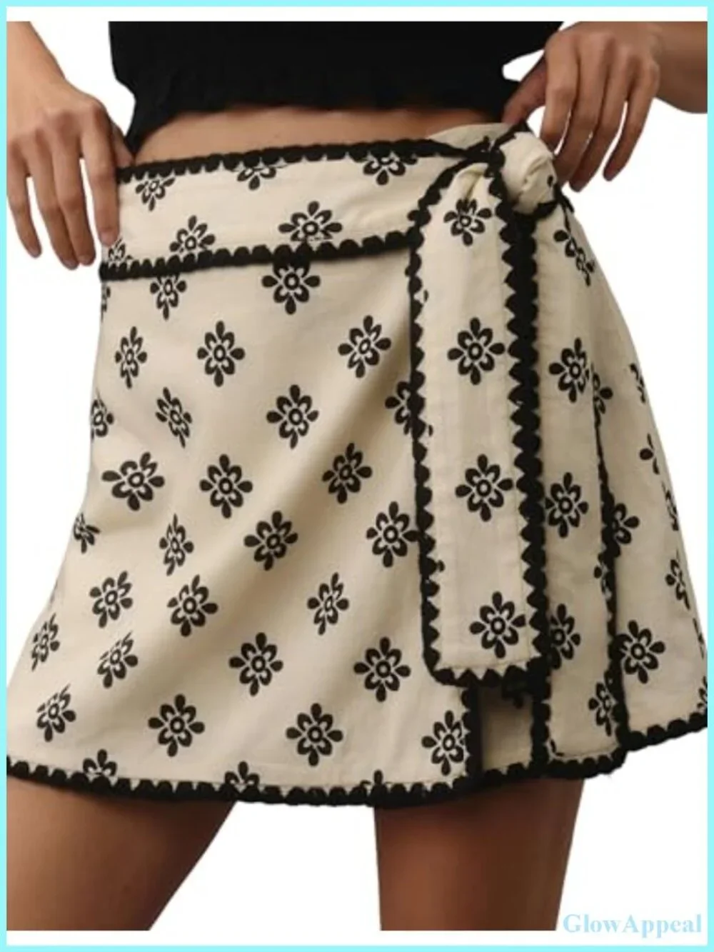 Floral Wrap Mini Skort with Side Knot, Elastic Waist, Boho
